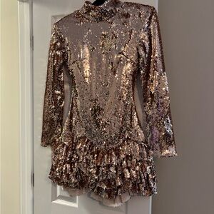 Rose Gold Sequin Long Sleeve Ruffle Mini Dress